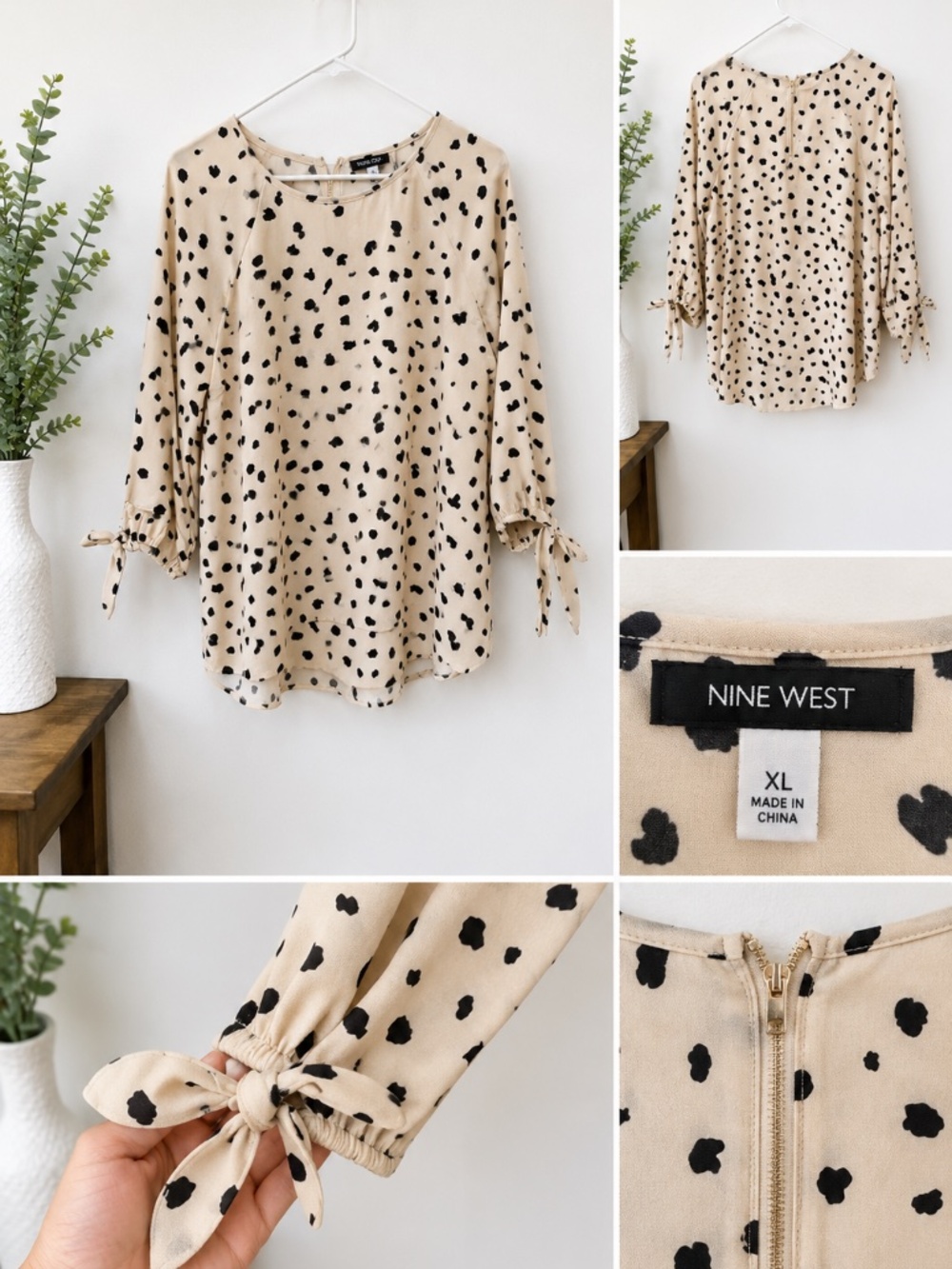 Paper moon Cream Dalmatian Print Tie Sleeve Blouse XL